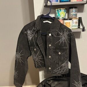 Zara Black Jean Jacket with Spider Web Design